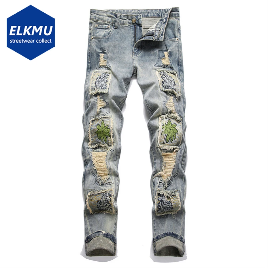 

Fashion Ripped Blue Jeans Men Embroidery Patchwork Slim Straight Denim Pants Hip Hop Streetwear Distressed Jeans Trousers Male