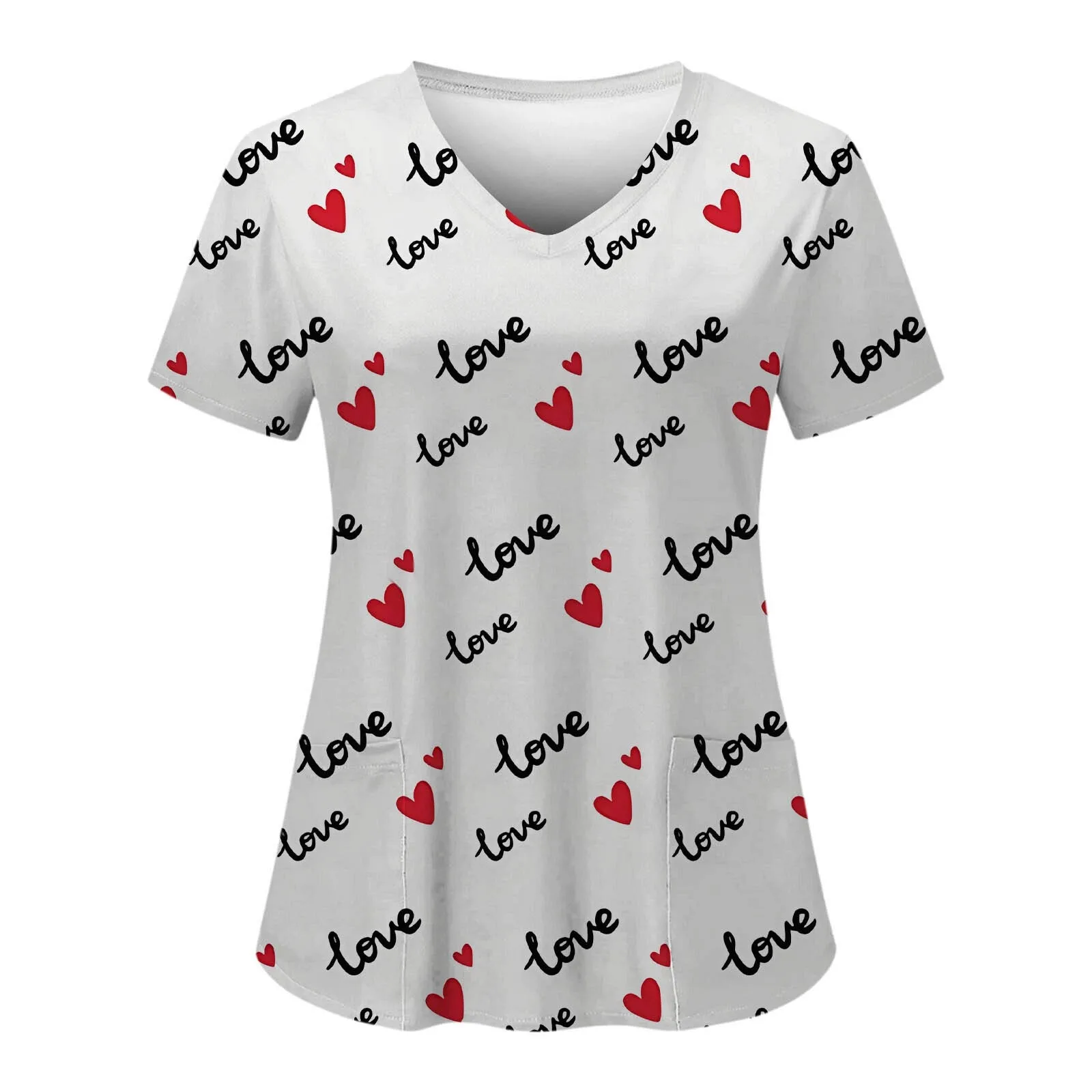 

Nurse Uniform Scrubs Tops Women Valentine Love Print Short Sleeve V Neck Pocket Overalls Medical Hospital Nursing Workwear Tunic