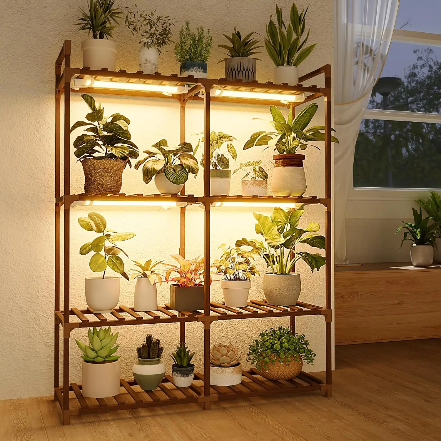 4-Tier Wood Plant Stand with Grow Lights for Indoor Plants, Large Flower Shelf for Patio Living Room Balcony