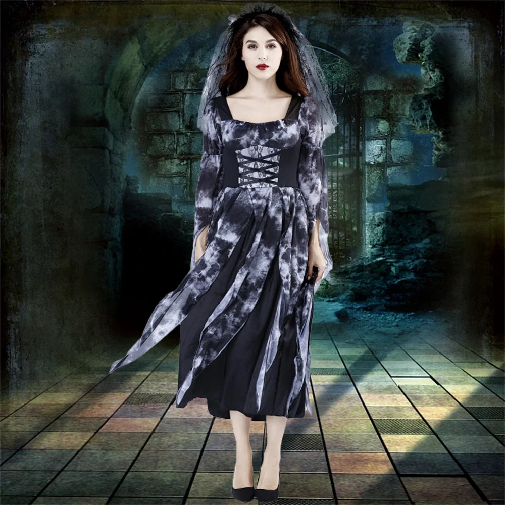 

Платье для косплея темного зла ворона привидения невесты женское платье с длинным рукавом в виде страшной ведьмы зомби вампира для Хэллоуина яркий наряд