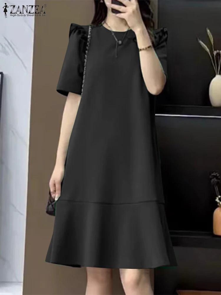 

2023 ZANZEA Summer Fashion Women's Dress Female Elegant Party Sundress Short Sleeve O-Neck Dresses Vintage Solid Color Vestidos