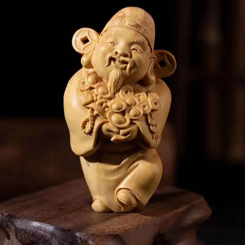 

Wooden God of wealth Small statue Solid wood hand carving Yuanbao happy God of Wealth Cute home room decoration craft