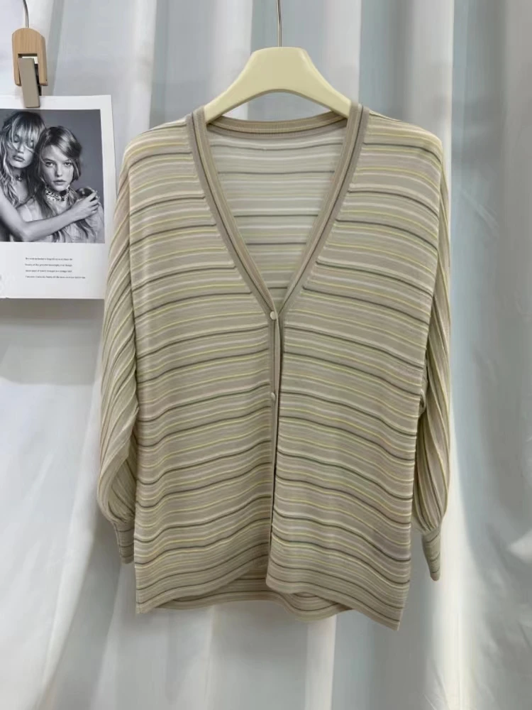 

24 Women L/P New Summer Cardigan Breathable Long Sleeve Silk Cashmere V-Neck Cardigan Thin Colour Blocking Stripe Soft