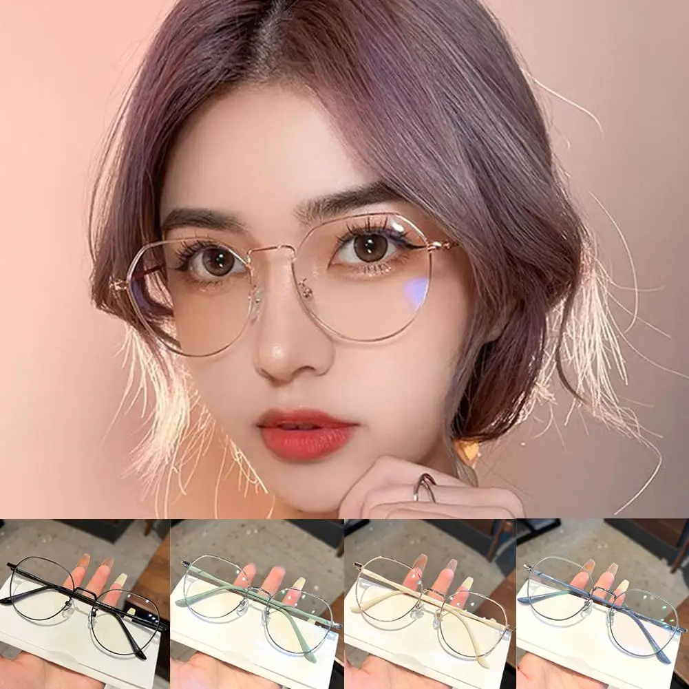 Anti Blue Light Glasses Anti Radiation Glasses Women Glasses Fashion Eyeglasses Clear Glasses Women Polygonal Metal Frame Eye Glasses Blue Light Eyewear Fashion Anti Eyeglasses 0 Mirror Flat Girl X5T3