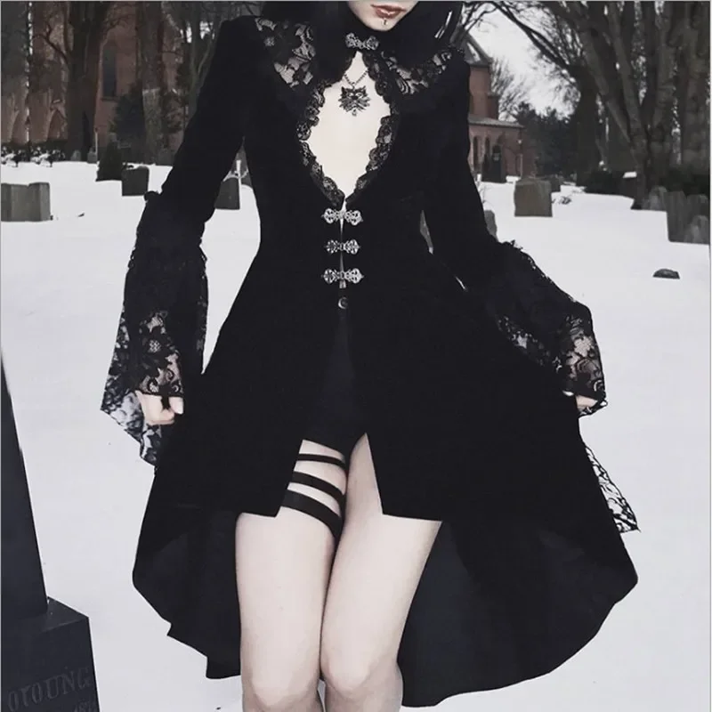 

Gothic Black Dress Women New O-Neck Long Sleeve Lace Patchwork Lacing Dress Autumn Winter Black Retro Party Dress Female XXL