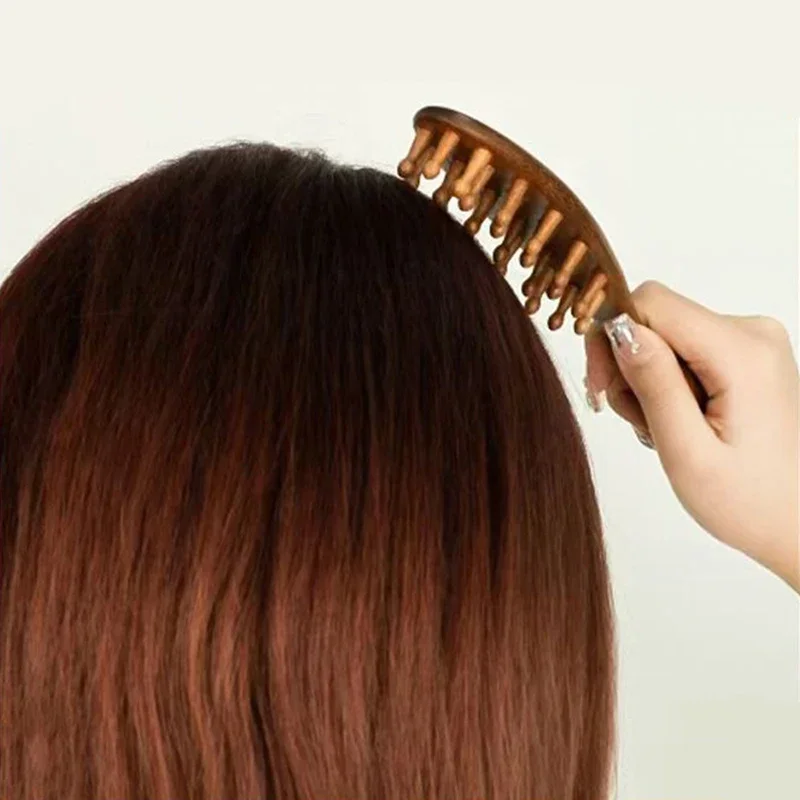 Golden Sandalwood Comb Head Meridian Combs Natural Sandalwood Long Handle Comb Multifunction Insert Teeth Massage Comb 22 Nails