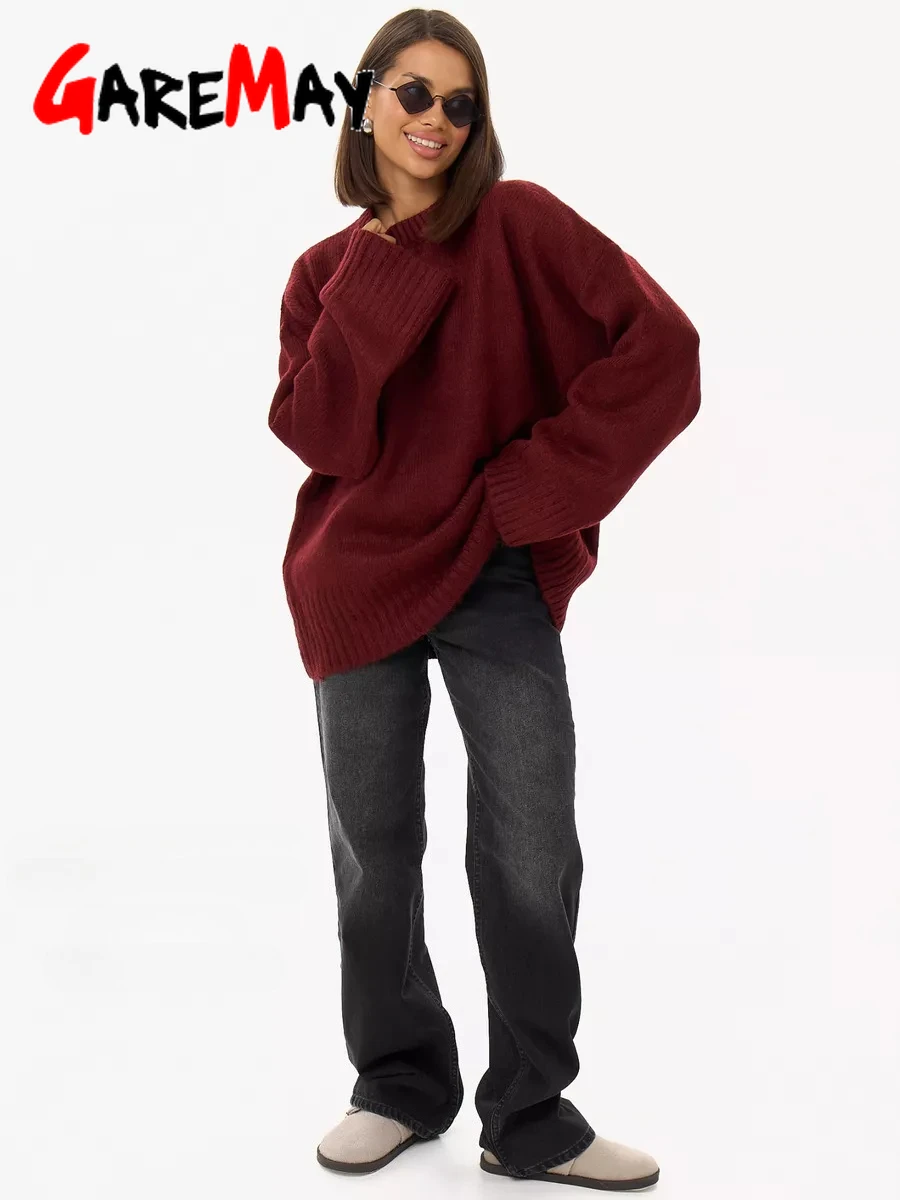 Winter Women's Oversize Sweater Burgundy O-neck Vintage