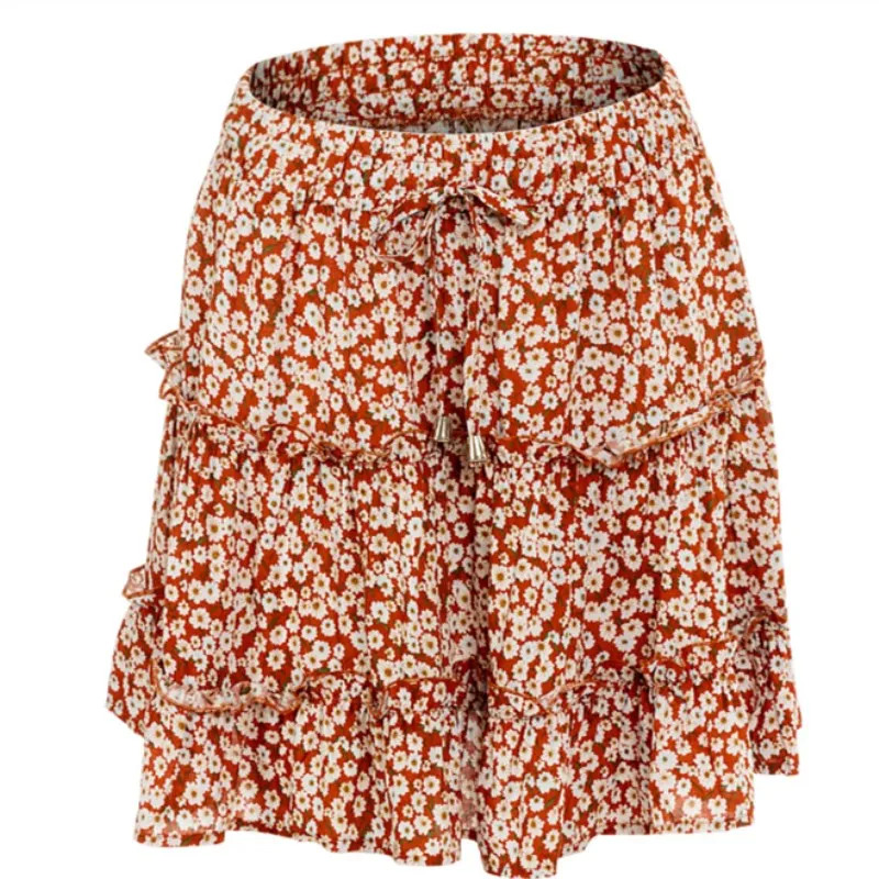 silk skirt 2021 Summer Autumn  European Women's High Waist Ruffle Floral Skirt Printed Beach A-line Skirt Girls  Leopard Print golf skirt Skirts