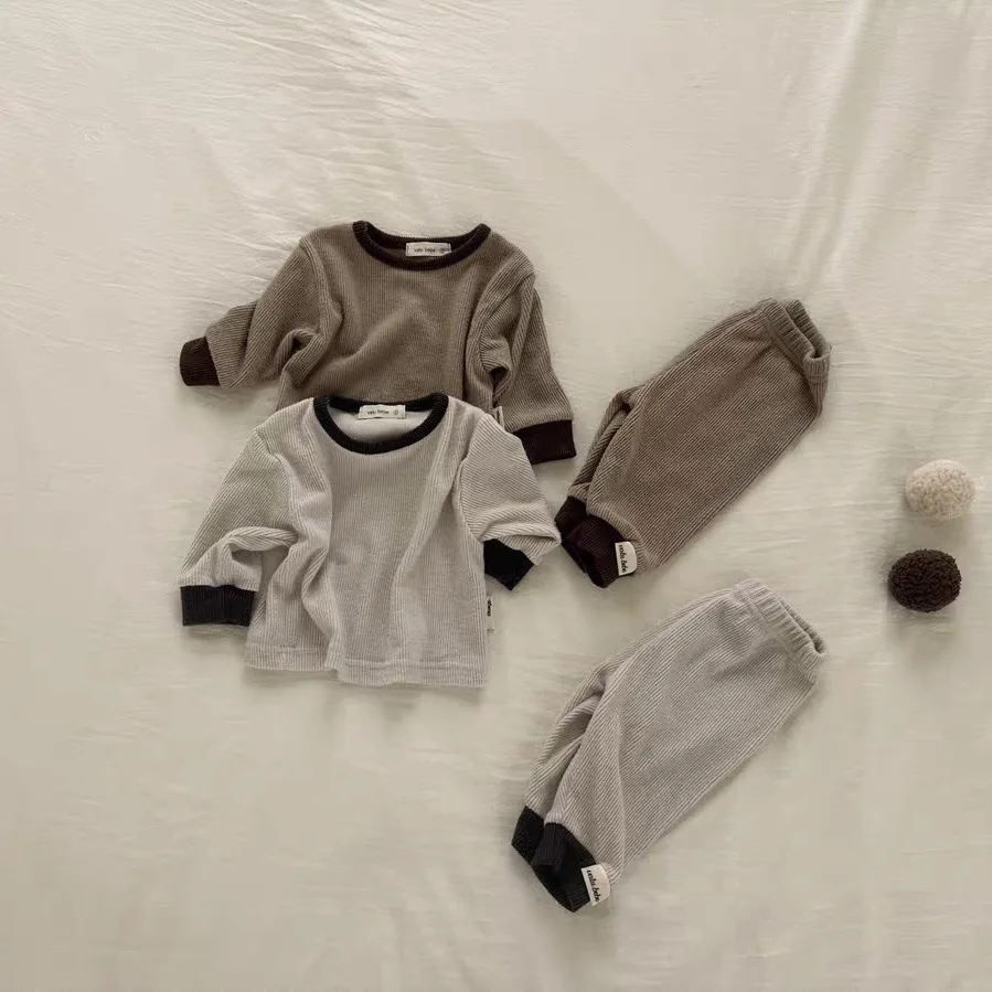 가을 겨울 어린이 단색 두꺼운 긴팔 티셔츠 정장, 소년  면 캐주얼 상의 및 바지,  패션 티 세트, 2 개