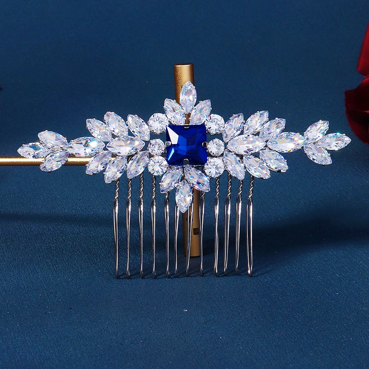 Bridal Hair Comb Handmade Silver Blue Gemstone Crystal Setting Bridal Wedding Inserts Comb Headdresses Jewelry