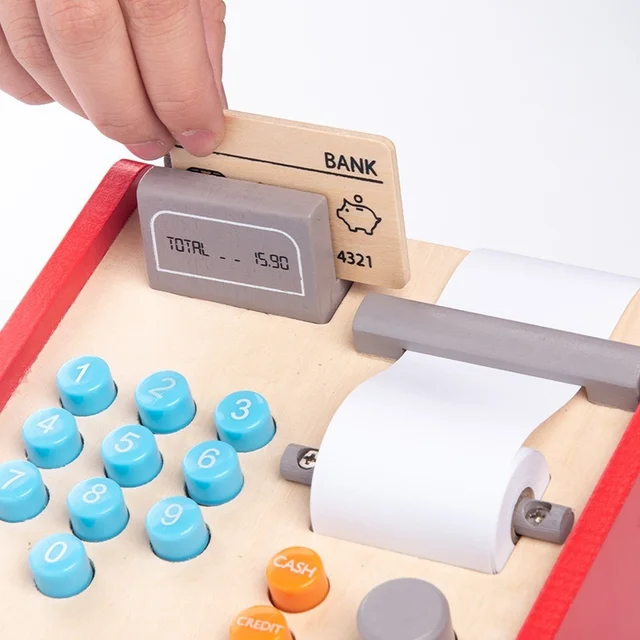 Wooden Simulation Montessori Cash Register Children's Play House Toys Pretend Role Play Cash Register Educational Toys Gifts 4