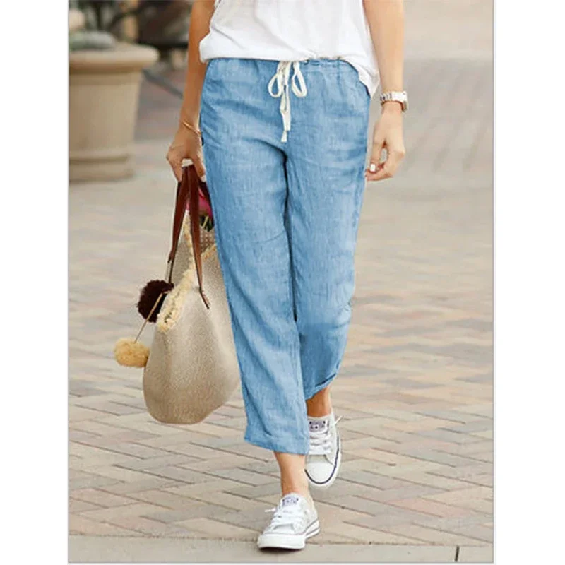 Solid Color Drawstring Elastic Waist Women Long Pants Loose Fit Plus Size Pockets All-Match Comfortable Straight Lady Trousers 4