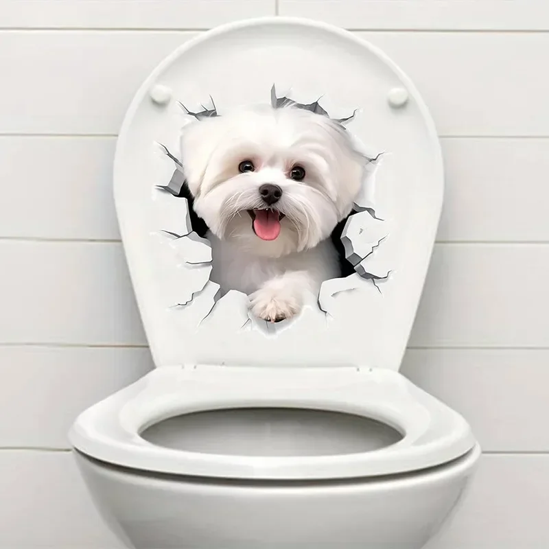 1pc Creative 3D Cracked Animal Dog Toilet Sticker, Adorable Bathroom Decor, Wall Self-Adhesive Art, Bathroom Decor - Image 3