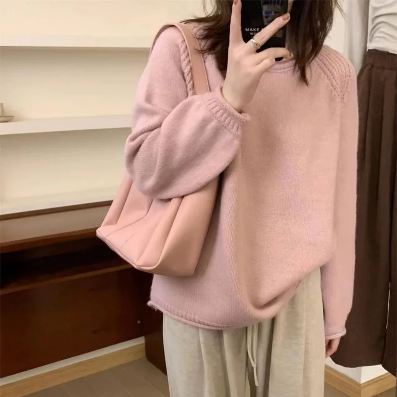 

French pure color sweater sweater women's autumn and winter new lazy wind shoulder curling coat tide