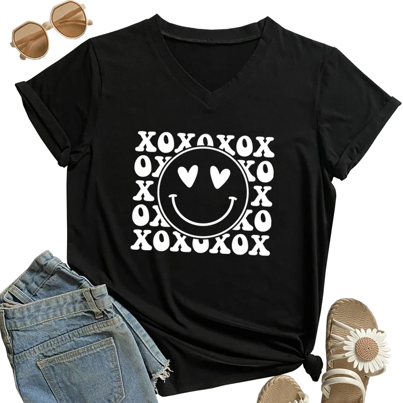 Love Letter Shirts Graphic Love Happy Face Xoxo Love Heart San Valentino Donna Maniche Corte High Street Scollo A V Smile Abbigliamento