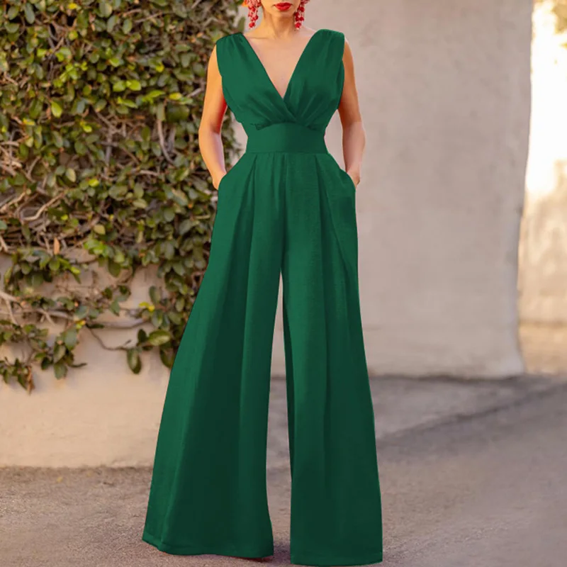 New High Waist Backless Pleated Office Romper Women Casual Solid Color V Neck Jumpsuit Sexy Sleeveless Simple Tank Straight Pant women elegant jumpsuit solid color contrast lace embroidery v neck sleeveless tank high waist skinny jumpsuit casual daily work