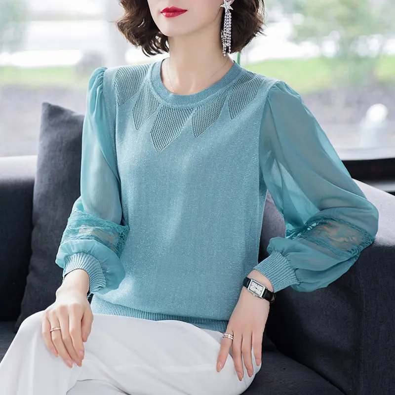 

Multiple Colors O-Neck Ice Silk Knitted Shirt Lantern Sleeve Hollow Out Spring Summer Chiffon Long Sleeve Loose Lace Oversize