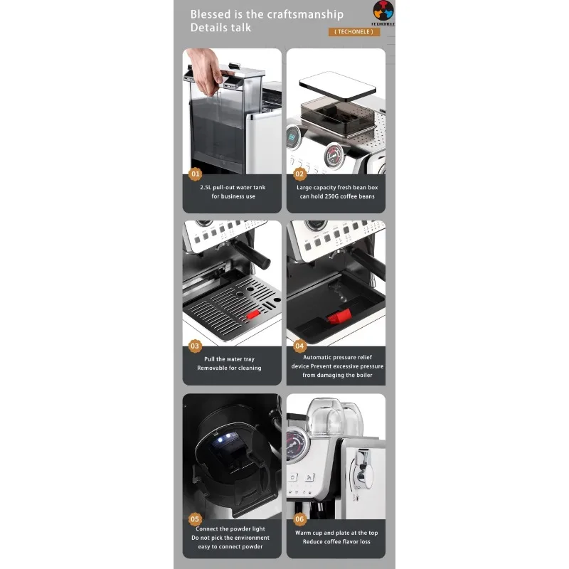 Electric Coffee Machine Luxury Double Boiler Semi-automatic Espresso Machine with Beans Grinder for Household and Hotel 5