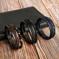 Hommes Bracelet en cuir classique mode oeil de tigre perlé Multi couche Bracelet en cuir pour hommes bijoux cadeau 1