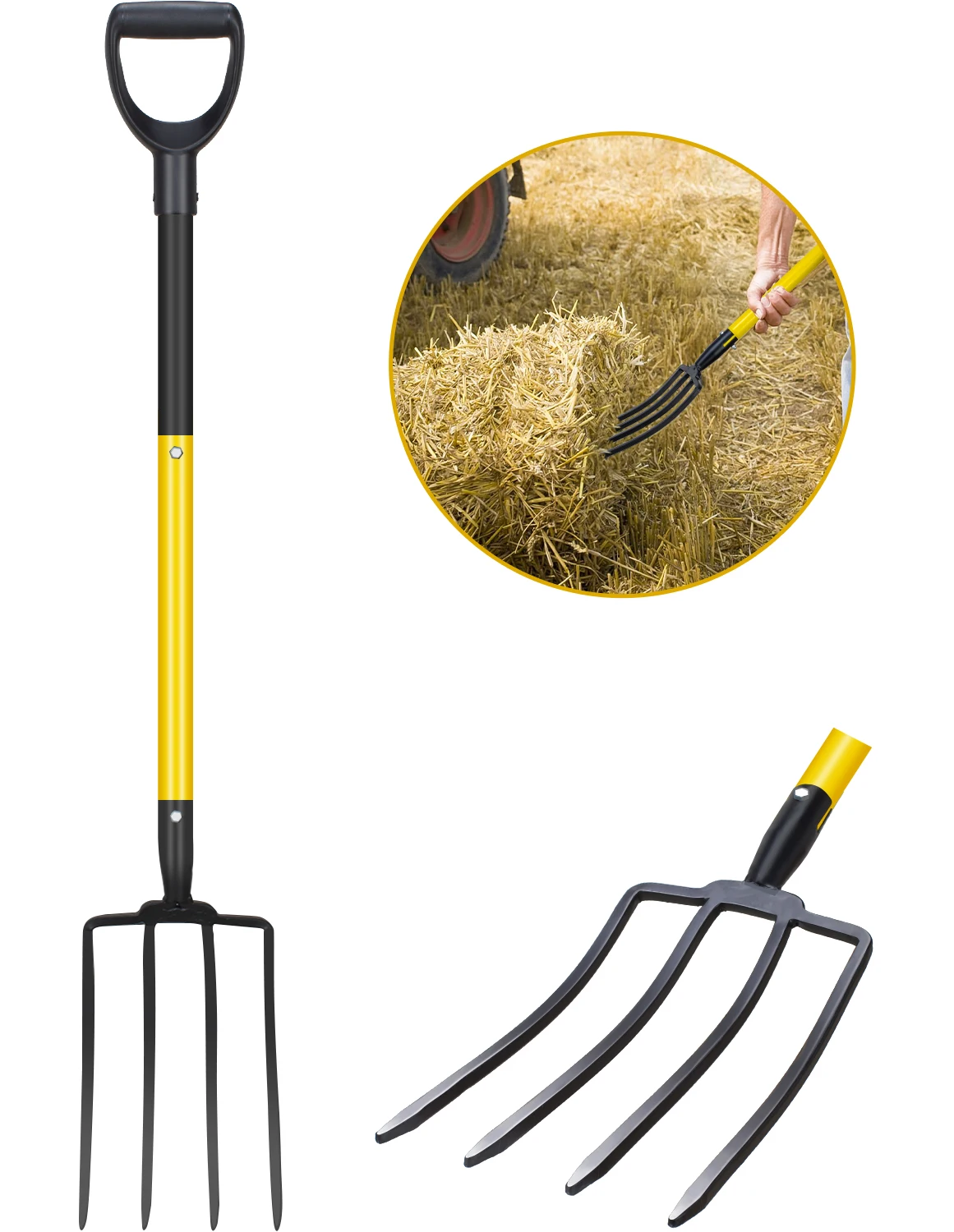 45 Inches Long Handle Spading Fork, Pitch Fork, 4-Tine Heavy Duty Garden Fork with Ergonomic No-Slip D-Grip Handles 4