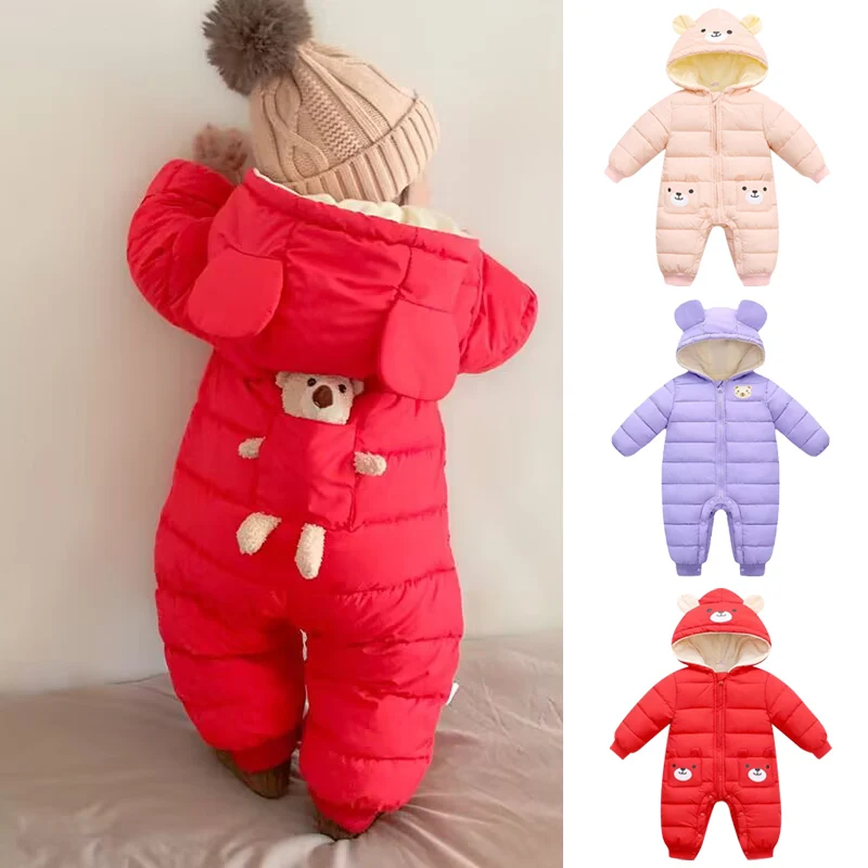Newborn baby quilted jumpsuit boys and girls plus velvet thick cartoon romper baby toddler plus cotton clothes autumn and winter