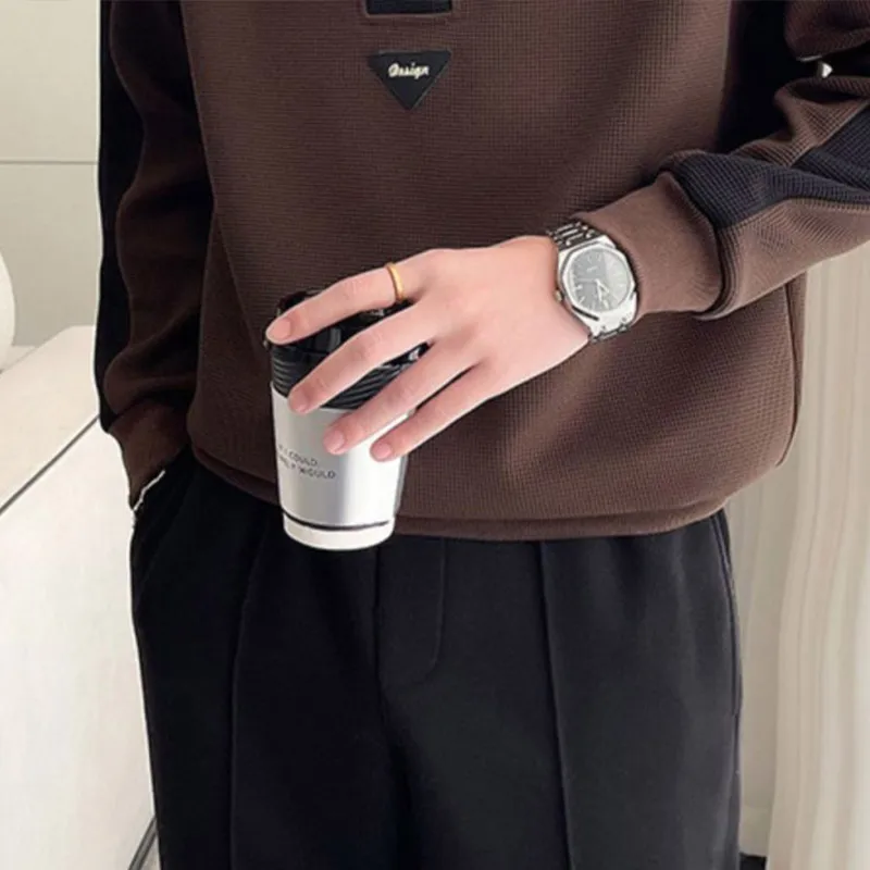 Autumn KPOP Fashion Style Harajuku Slim Fit Tops Loose Casual All Match Outerwear Patchwork Zipper Half High Collar Sweatshirt