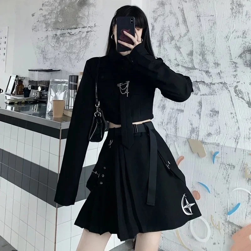 

Gothic Cargo Shirt Suit Egirl Punk Chain Ribbon Skirts Goth Dress Autumn Streetwear Harajuku Black Grunge Aesthetic Clothes