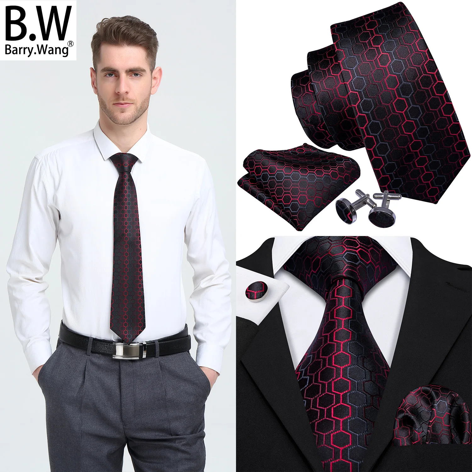 

Barry.Wang Elegant Plaid Men Tie Silk Necktie Hanky Cufflinks Set Novelty Geometric for Male Wedding Party Business 8.5CM Width