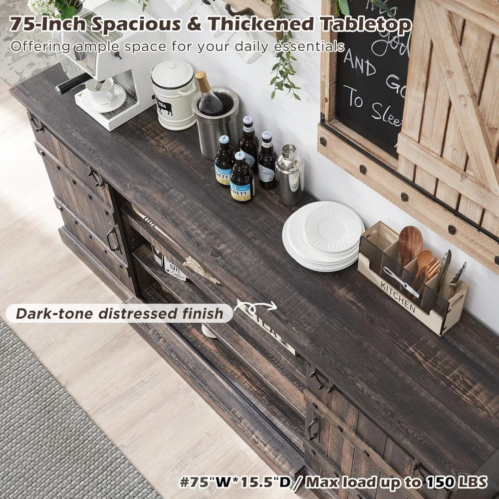 75" Sideboard Buffet Cabinet with Storage, Farmhouse TV Stand w/Sliding Barn Door, Rustic Long Coffee Bar, Large Buffet Table