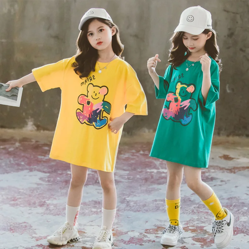

Girls' Short Sleeved Summer Thin Cotton T-Shirt Cartoon Long Sleeved Top Girls' Loose Fitting Dress Casual Clothes 4 to 12Y