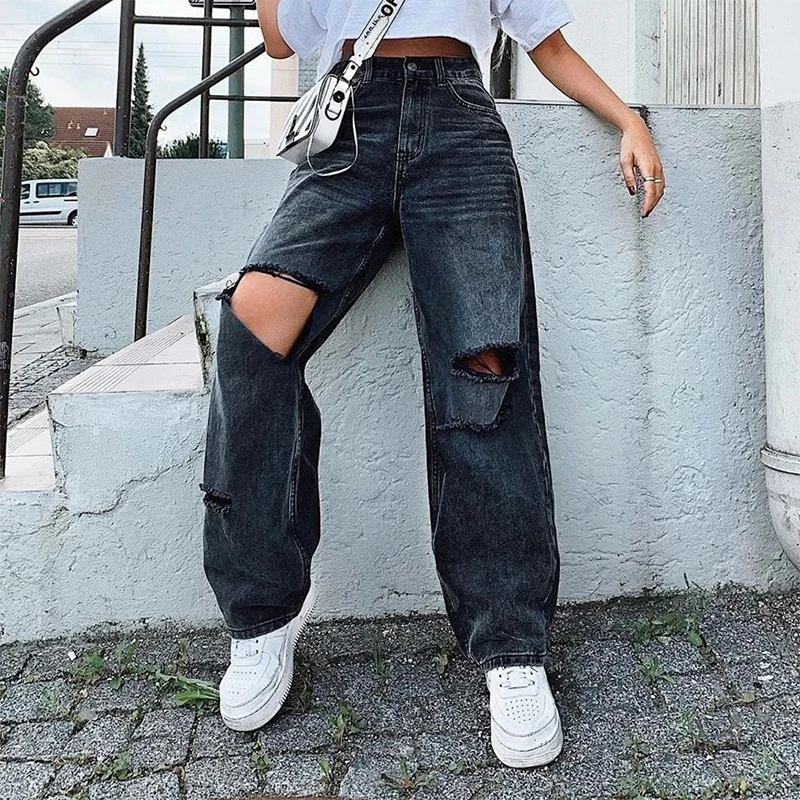 Ripped Women Jeans Wide Leg Long Pants 