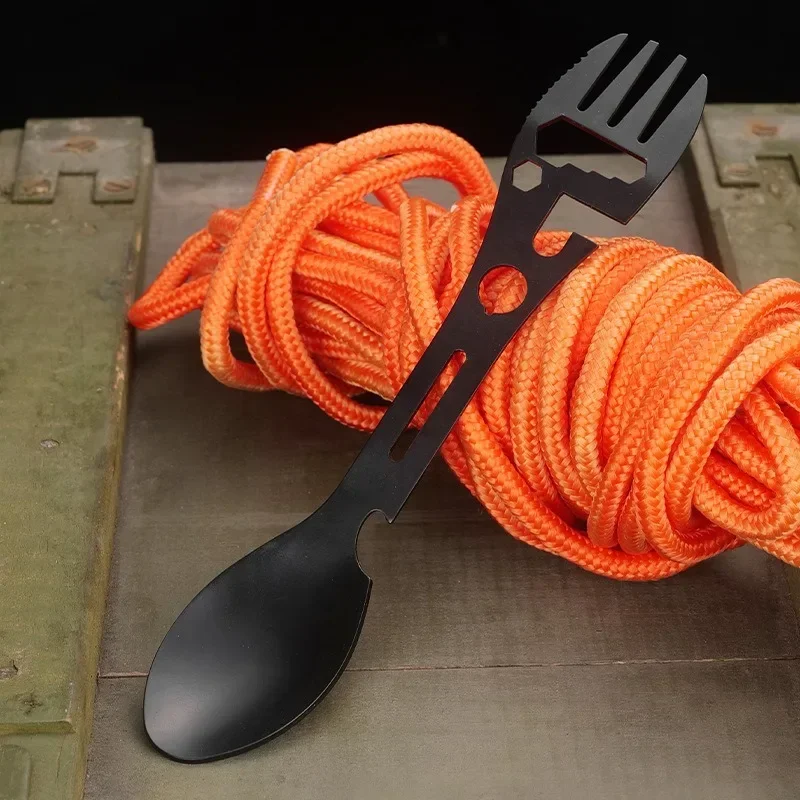 1PC 8in1 Multifunctional Whistle Knife Outdoor Camping Survival Spork Kitchen Multifunctional Wrench Bottle Opener Spoon 5