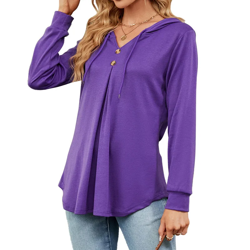 Autumn New Solid Color Long Sleeve V-Neck Spliced Button Loose Hooded Fashion Casual Simplicity Office Lady Pullover Sweatshirts