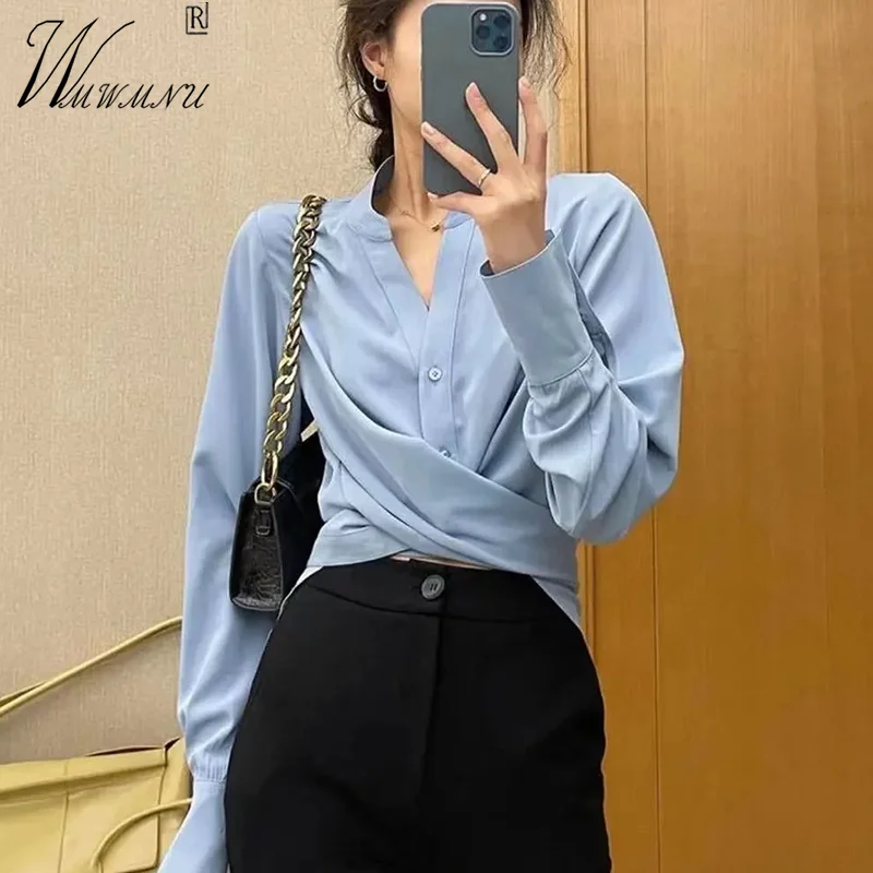 Cross Strap Design V-Neck Blouses Korean Fashion OL Slim Shirts Women Solid Color Long Sleeve Blusas High Street Spring Tops leather cross men jeans loose print solid color high street embroidery pants perforated cotton breathable soft elastic luxury 24