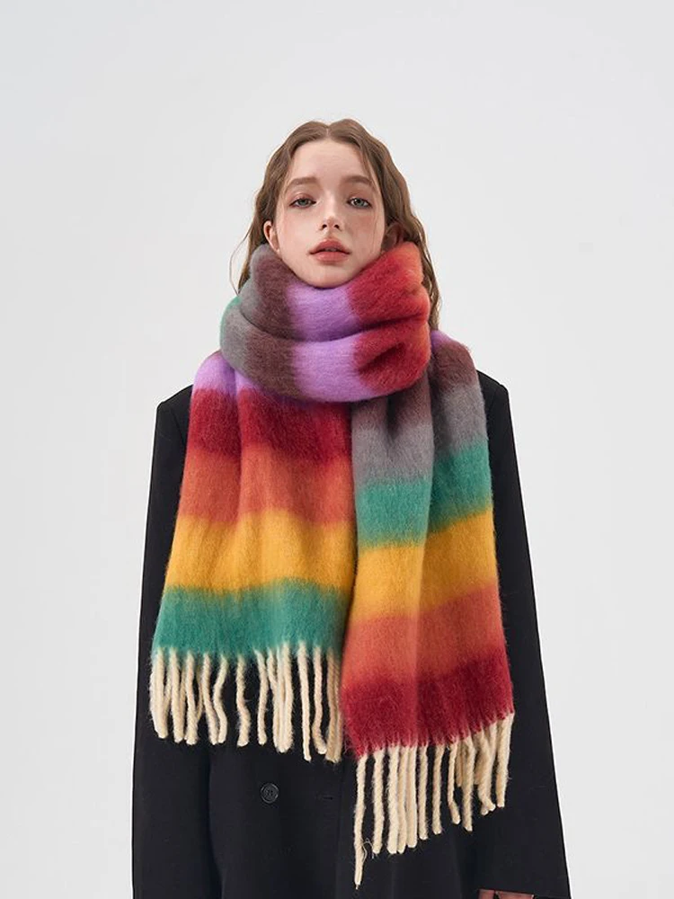 

Contrasting Color Striped Cashmere Scarf Women Soft Cold Protection Thick Couple Neck Winter Shawl Foulard Luxury Designer