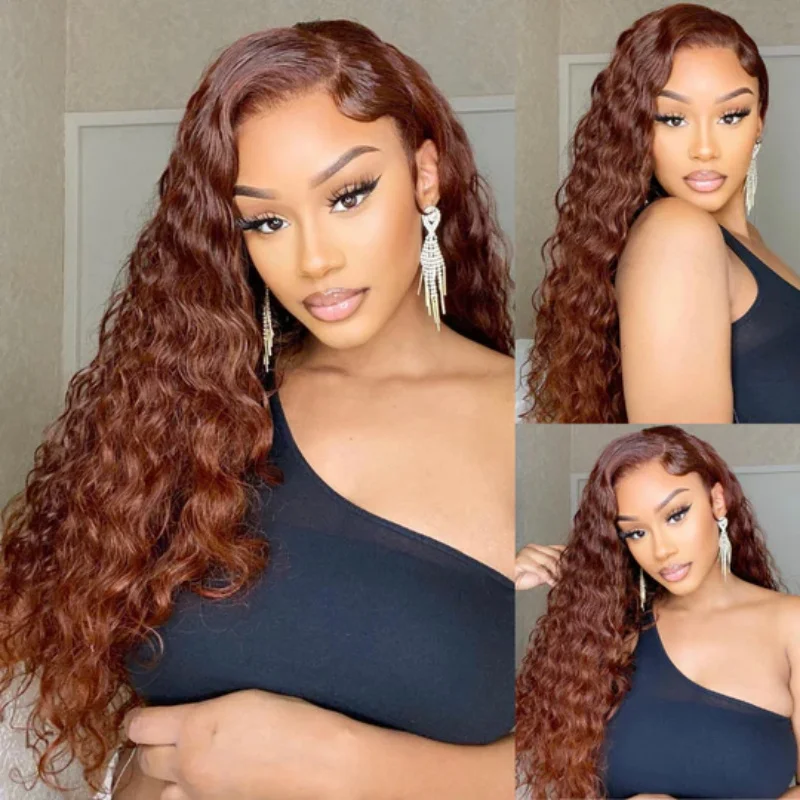 Perruque Lace Front Wig Deep Wave naturelle, cheveux humains, couleur rouge cuivre, rouge HD, ultraviolet, avec baby hair, pour femmes