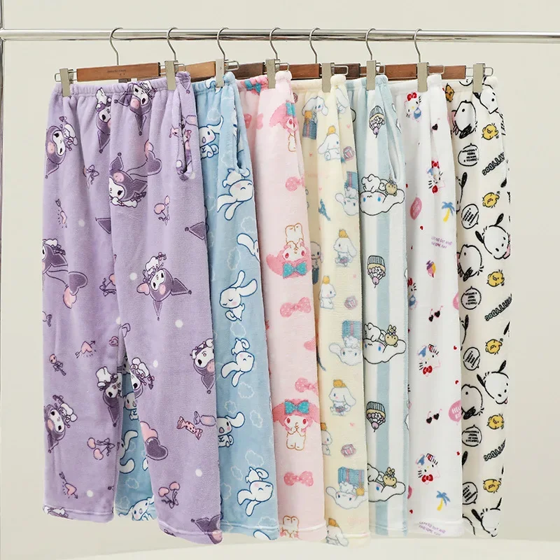 

Sanrio Hello Kitty Cinnamoroll Anime Y2k Flannel Pajamas Kawaii Kuromi My Melody Women'S Warm Woolen Cartoon Casual Home Pants