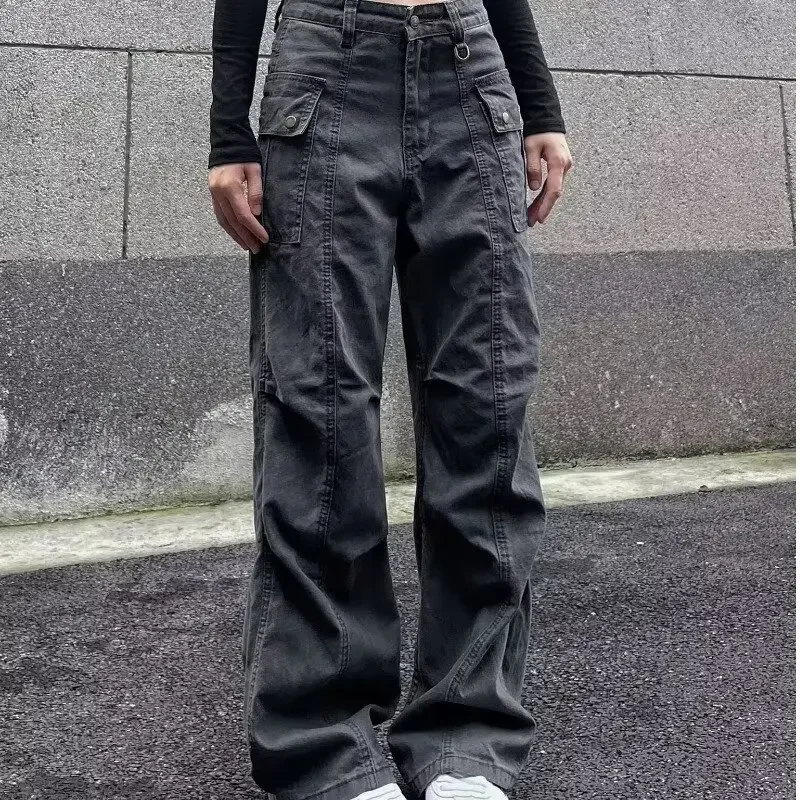 Multi-Pocket Casual Pants Female Straight Cargo Trousers Spring Summer Versatile Solid Color Pants Trendy High Street Trousers