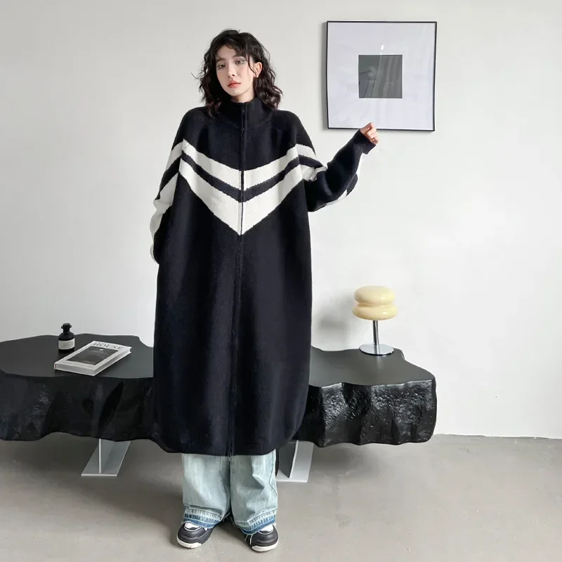 

Black White Sweater Coat Women Knit Sweater Winter Clothes Zipper Knit Cardigan Dress Long Sleeved Coat Knitted Women Sweater