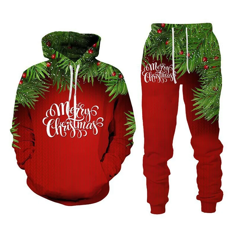 Autumn Christmas Mens 3D Printed Hoodie Pant Sets