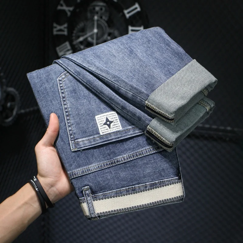Men's Jeans 2024 Spring New High-End and Fashionable Belt Embroidered Slim Skinny Stretch Casual Men's Trousers