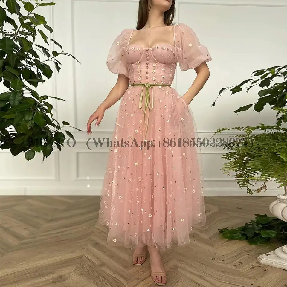 

Pink Daisy Tulle Sweetheart Prom Dress Pastoral Princess Puff Sleeves Backless A Line Evening Party Gown with Pockets