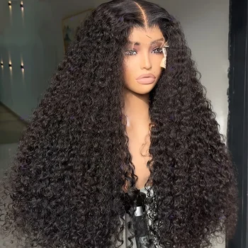 30" Long Kinky Curly Human Hair Natural Black 13x6 HD Lace Front Wigs Brazilian Free Part Pre plucked with Baby Hair Glueless