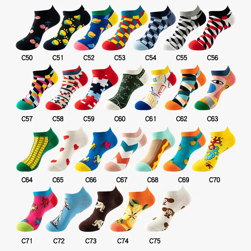 40 Style Fashion Colorful Short Socks Men Cotton Novelty Oil Painting Animals Food Avocado Casual Funny Ankle Sox