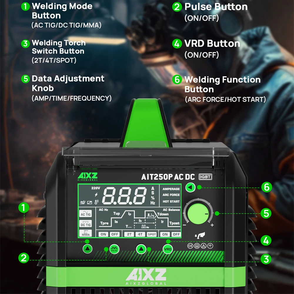 AIXZ 5 in 1 HF TIG AC/DC Aluminum Welding Machine MMA ARC Argon Precise Digital Pulse 2T/4T TIG Welder Stainless IGBT Inverter 5