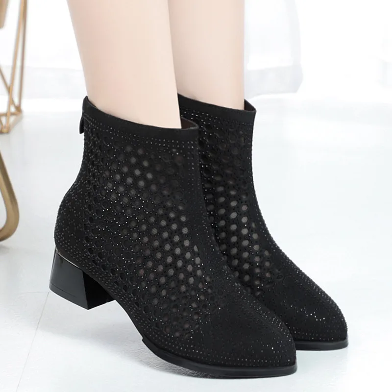 

Hollow Out Short Boots for Women Summer Rhinestone Autumn Thick Heel Female Shoes Large Size 41 42 Breathable Mesh Boots