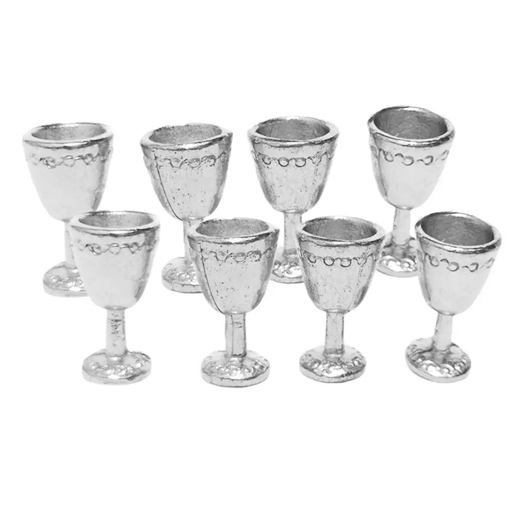 8Pcs 1:12 Dollhouse Simulation Cup Metal Goblet Scale Decor Toys Silver