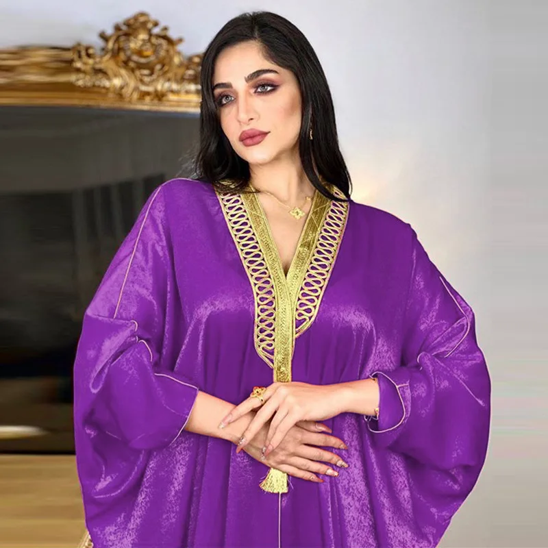 Kaftan Caftan Marocain Muslim Women Kimono Abaya Appliques V-Neck Lace Tape Batwing Sleeve Casual Loose Oversized Turkish Dress