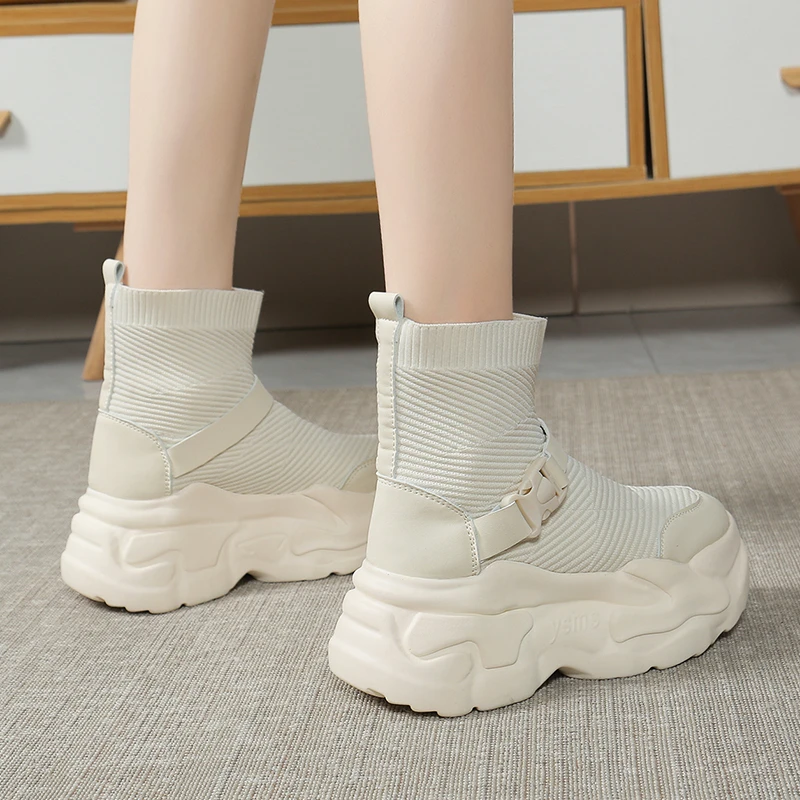 Aphixta Cotton Fabric Sock Boots Platform Women Modern Boots Buckle Dec Women Shoes 6.5cm High Chunky Spring Autumn Shoes