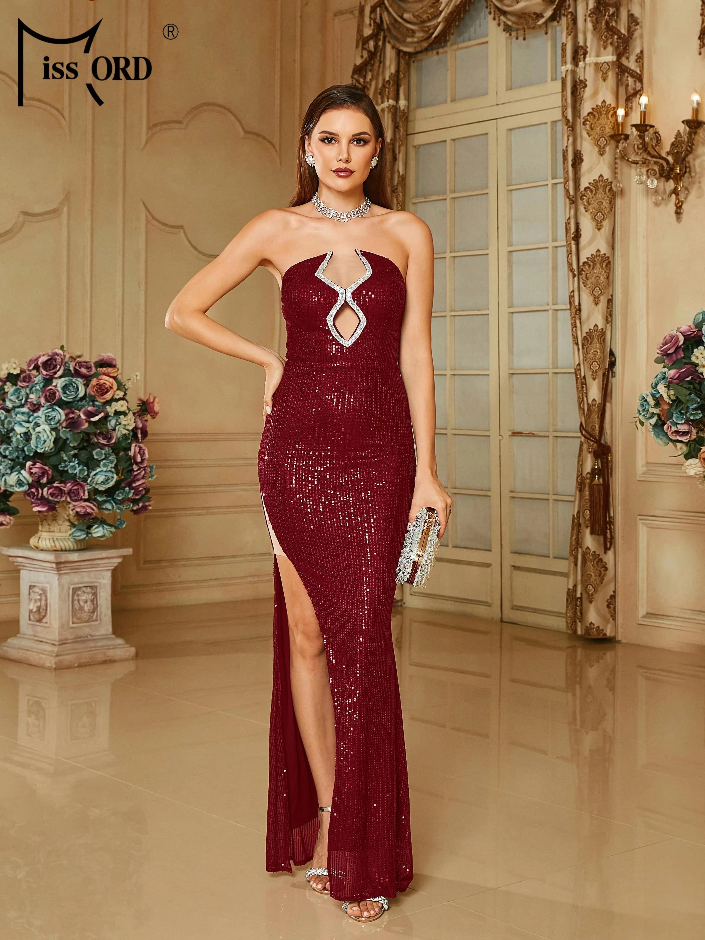 

Missord Wine Sequin Party Dress Women Strapless Cutout Thigh Split Bodycon Prom Dresses Elegant Long Evening Gown